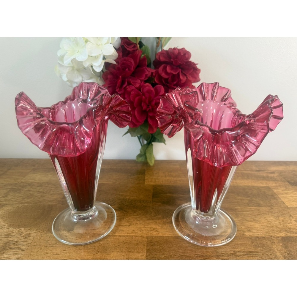 Vintage Cranberry Glass Ruffled Fan Vases Pedestal Footed Pair MCM Red Art Glass